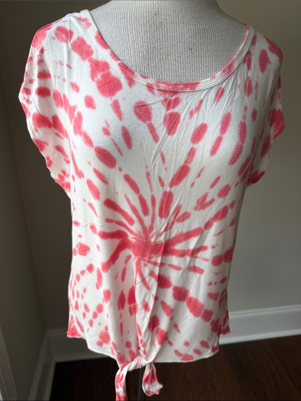 White & Coral Tie-Dye Knot Front Crop Top